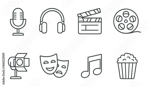 Entertainment symbols: microphone, headphones, clapperboard, film reel, stage masks, music note, popcorn
