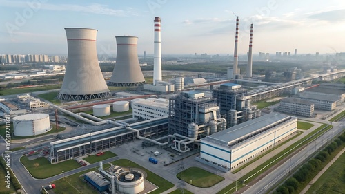 Industrial factories with tall chimneys and buildings emit smoke and pollution into the sky, representing the manufacturing and energy sectors
