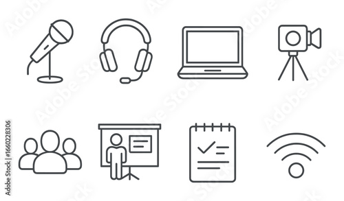 Digital media tools: microphone, headphones, laptop, camera, presentation, checklist, wifi
