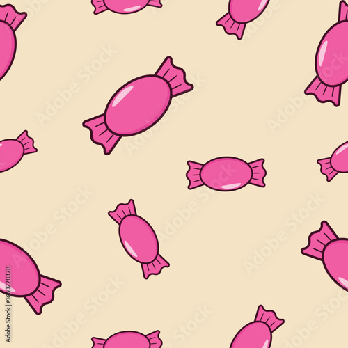 A seamless pattern of pink wrapped candies on a beige background.