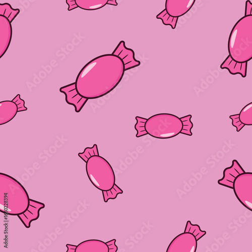 Pink candy seamless pattern, repeating sweet treat background.