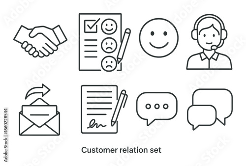 Customer relation icons set: communication, feedback, support, messages
