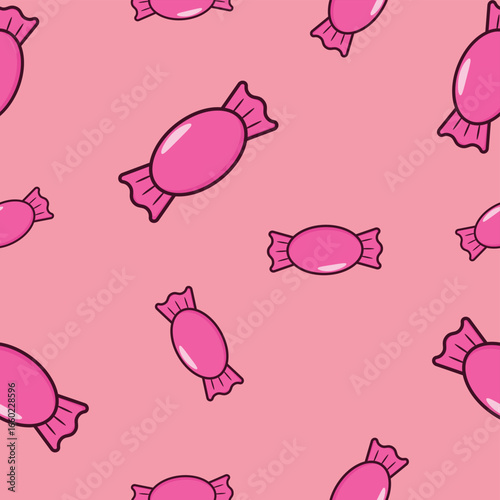 Pink candy seamless pattern, repeating sweet treat background.