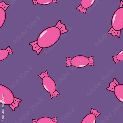 Seamless pattern of pink candies on purple background.