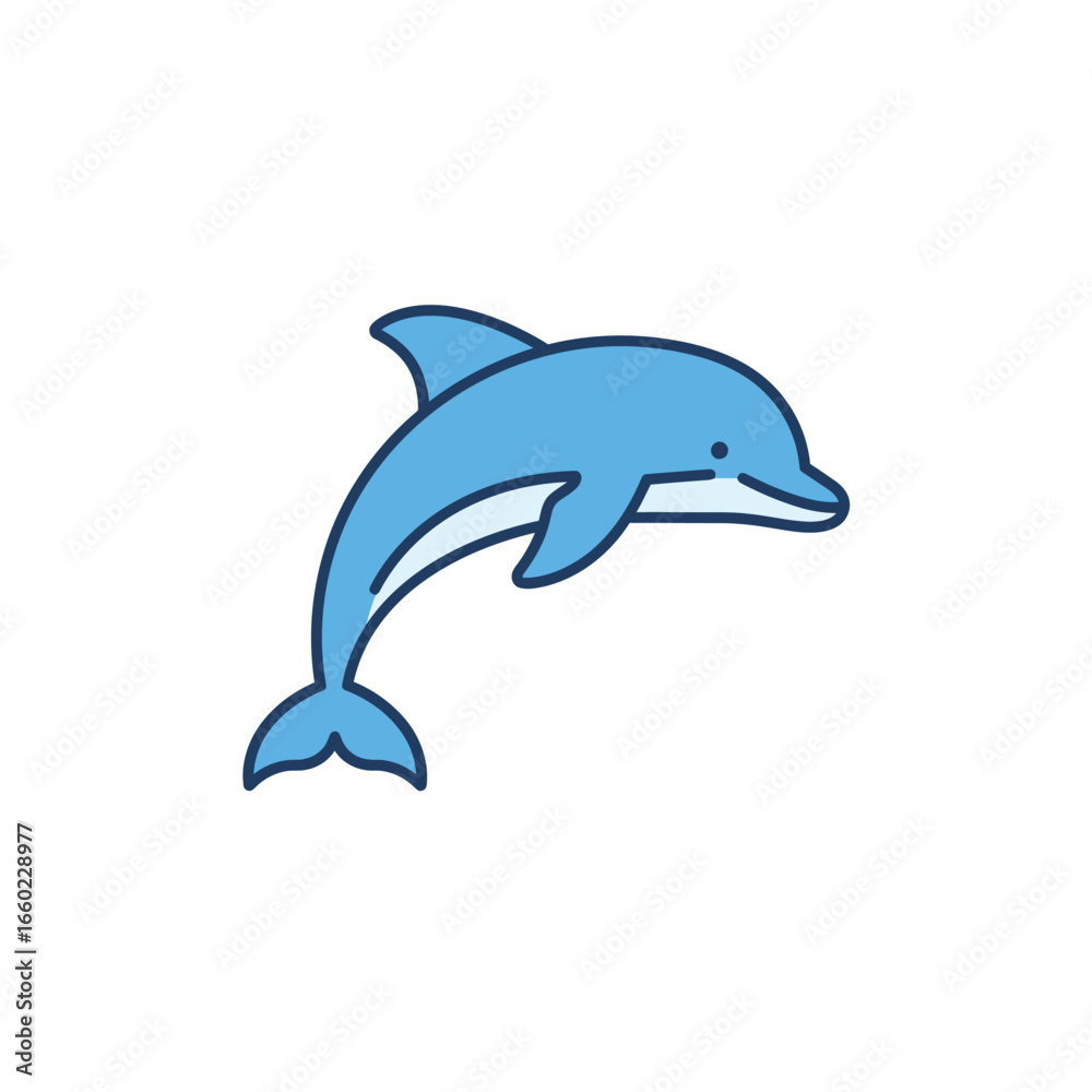 Obraz premium Blue cartoon dolphin jumping on a white background
