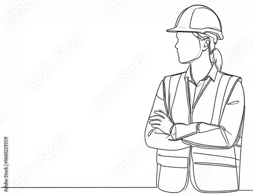 Single-line drawing of a female construction worker with arms crossed, showcasing a confident and professional pose.