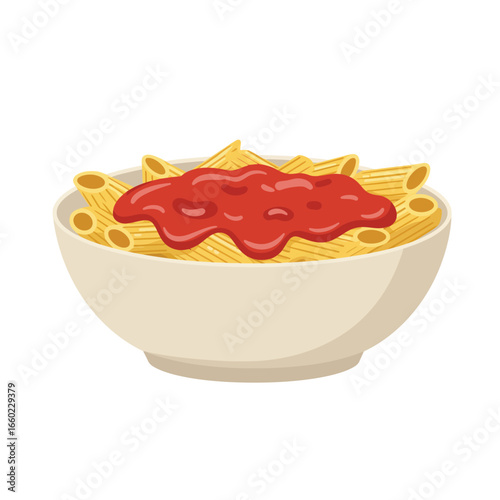 Bowl of Penne Pasta with Tomato Sauce on White Background