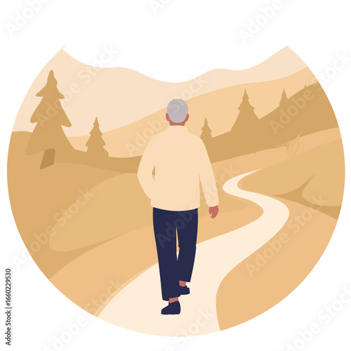 Senior on nature walk. Elderly person hiking through forest. Peaceful outdoor stroll in woods. Active retirement with nature walks. Elderly set