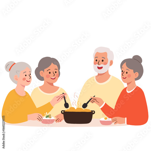 Elderly group sharing a meal. Seniors enjoying lunch together. Community dining among retirees. Warm gathering with old friends. Elderly set