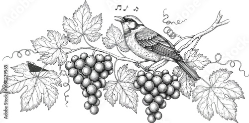 Vintage bird grapes illustration