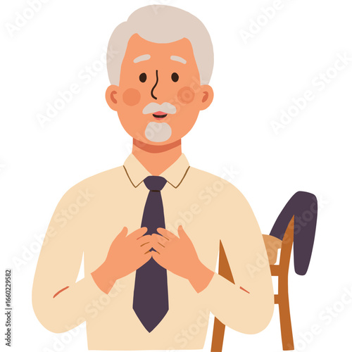 Elderly man tying necktie. Senior dressing up for occasion. Elegant old man adjusting clothes. Gentleman's daily routine in age. Elderly set
