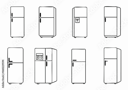 Refrigerator Outline Icons Set: Collection of Modern and Traditional Fridge Designs in Black and White Line Art