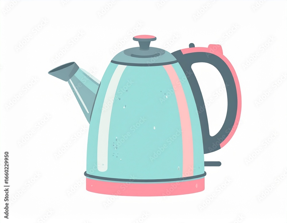 Obraz premium A light teal colored electric kettle with accents of soft pink is displayed against a plain white background.