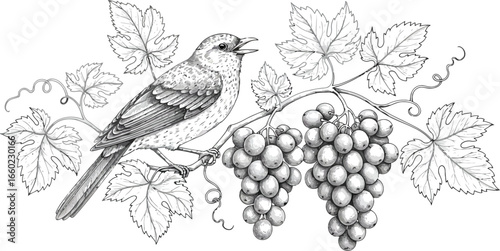 Vintage bird grapes illustration