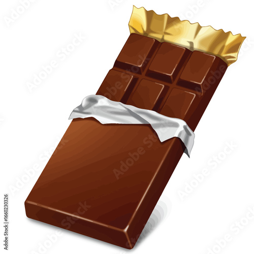 Chocolate bar with gold foil wrapper partially opened