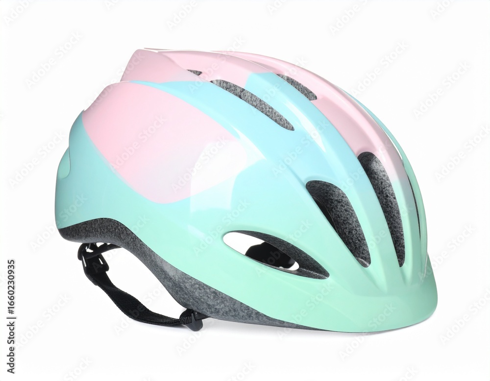 Fototapeta premium A vibrant, pastel-colored bicycle helmet, featuring a gradient design of light pink and mint green, sits angled against a plain white background.