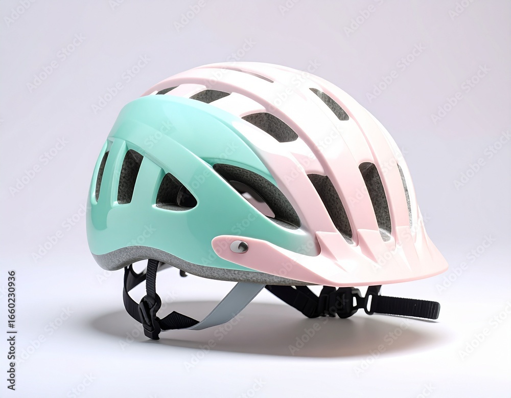 Fototapeta premium A vibrant bicycle helmet, featuring a striking combination of mint green and blush pink accents, displays a modern and protective design.
