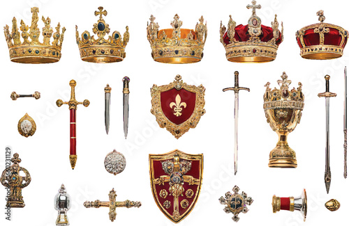 Assortment of Royal Regalia Including Crowns Swords Shields and Goblet on White Background Keywords: crown, royal, regalia, king, queen, monarchy, imperial