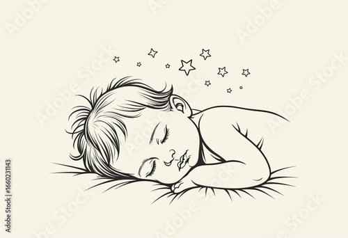 A tender hand-drawn sketch of a newborn baby sleeping peacefully under sweet dream stars, a heartwarming illustration symbolizing innocence and tranquil slumber.

