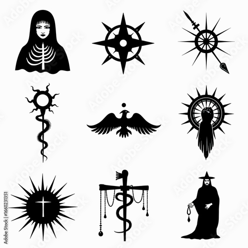 A collection of dark fantasy and mythological silhouette icons, featuring grim characters, creatures, and symbols for RPG game assets or gothic-themed branding.
