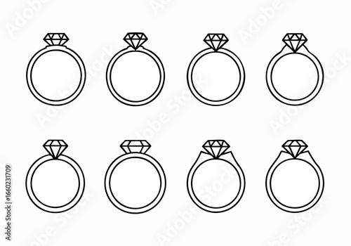 Collection of Simple Diamond Rings Line Art Vector Illustrations for Jewelry and Engagement Concepts