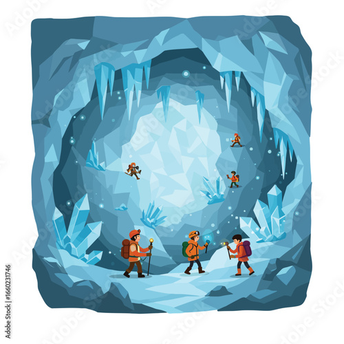 Explorers in a Crystal Ice Cave cavern exploration