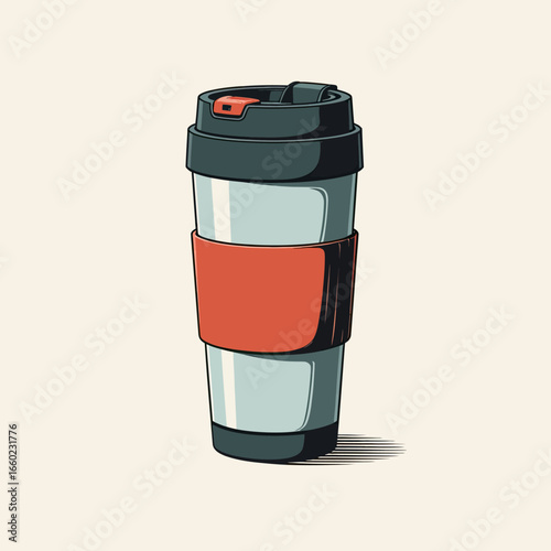 A modern reusable travel mug with a protective sleeve, the perfect eco-friendly container for your daily coffee or tea to-go, in a stylish vector design.
