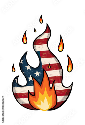 A powerful and stylized illustration of the American flag engulfed in flames, a potent and controversial symbol of political turmoil and passionate dissent.
