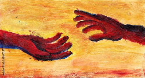 two hands reaching for each other in an abstract style painting with acrylic paint