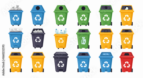Colorful Recycling Bins Waste Management and Environmental Awareness Icon Set