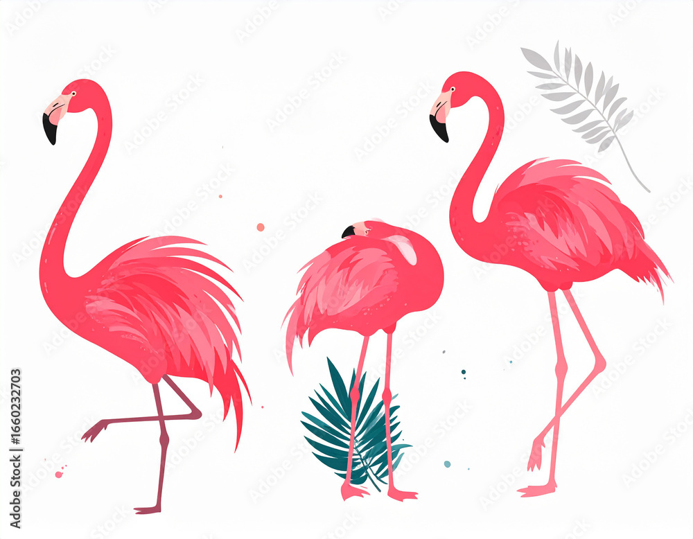 Obraz premium Three vibrant pink flamingos, set against a white background, display elegant postures, accented by tropical foliage.