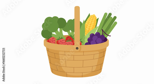 Wicker basket filled with a vibrant assortment of fresh organic fruits and vegetables illustration