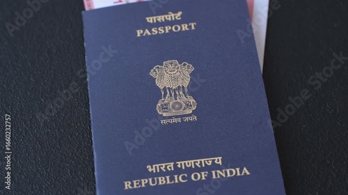 Indian passport and tickets for travelling, flying and doing business. India document, id for crossing the border