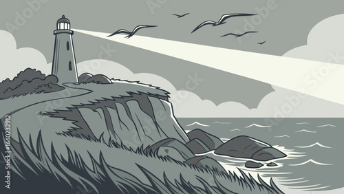 seaside cliff with a Lighthouse in the distance