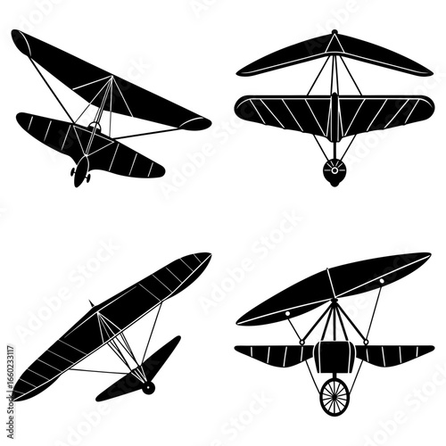 Four hang gliders in black and white showing different positions and orientations on a white background