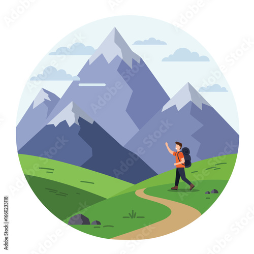 Hiker with backpack waving on a path in front of mountains and green hills