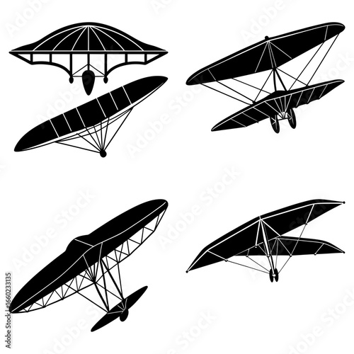 Collection of different hang gliders and ultralight aircraft designs in black and white format style