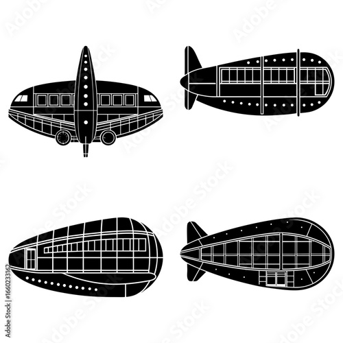 Four black and white illustrations of vintage airships and airplanes in silhouette style on white background