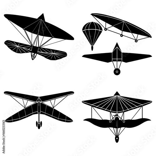 Illustration of various flying machines including hang gliders and a parachute in black and white