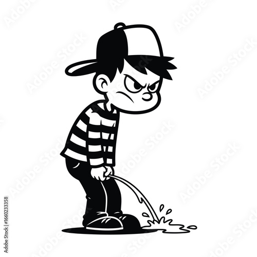 Angry Cartoon Boy Urinating Outdoors: Black and White Vector Illustration, Mischievous, Edgy Style