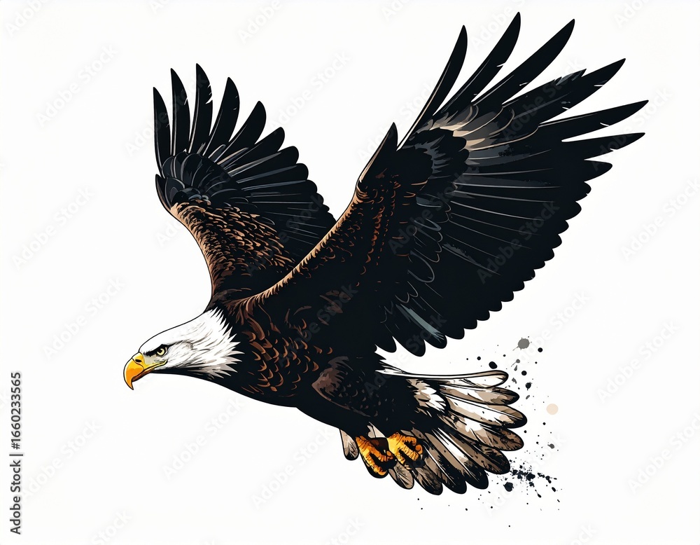 Obraz premium A detailed illustration of an American bald eagle in flight, showcasing intricate linework and a dynamic pose against a stark white background.