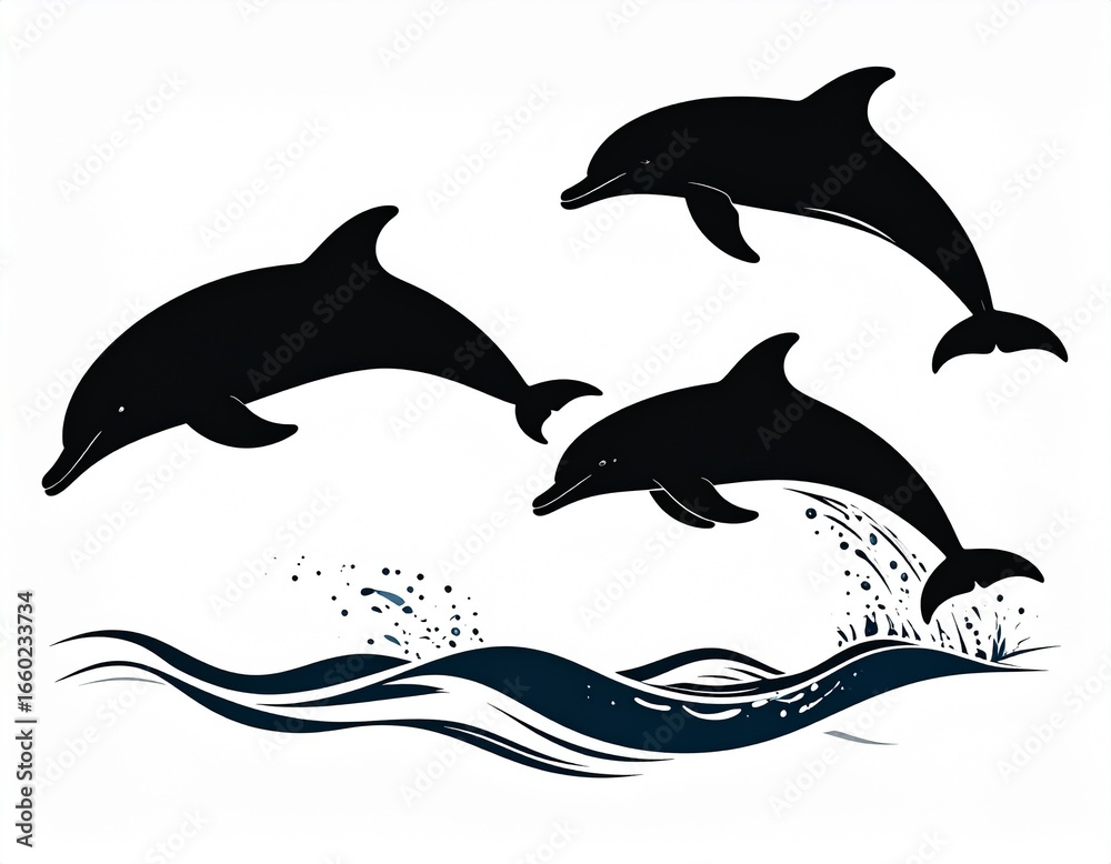 Fototapeta premium Three playful dolphins leap gracefully above dark ocean waves, showcasing a vibrant silhouette design.