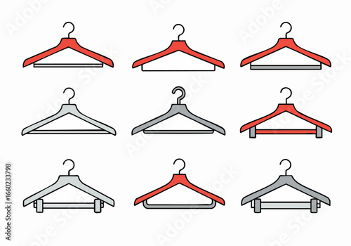 Vector illustration set of various modern clothes hangers in red and gray, showcasing different styles for fashion and organization.