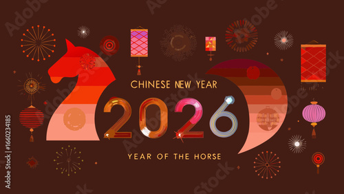 Chinese new year 2026 year of the horse celebration with lanterns and fireworks