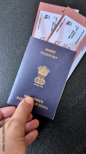 Indian passport and tickets for travelling, flying and doing business. India document, id for crossing the border