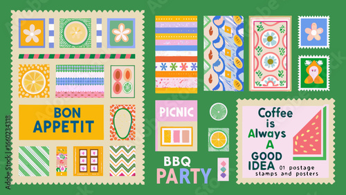 Collection of playful and colorful postage stamps and posters with food and abstract designs