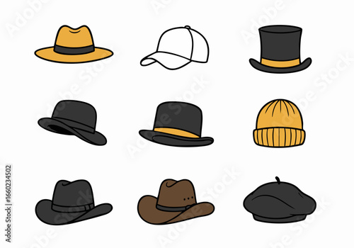 Collection of various cartoon hats including fedora, baseball cap, top hat, beanie, bowler, beret, and cowboy hat, isolated on white.