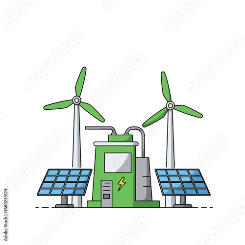 Renewable energy station with wind turbines and solar panels