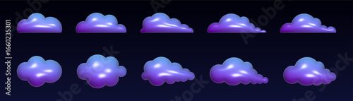 Stormy 3D clouds in blue and purple tones. Playful kids inflatable cloud design.