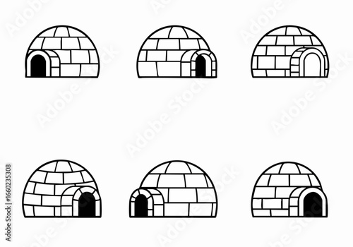 Simple black and white vector icons of igloos on a clean white background, perfect for winter, arctic, or home-related design projects.